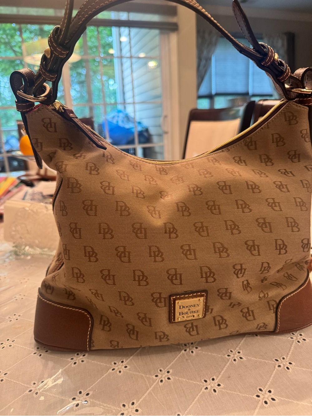 Dooney & Bourke Tan Logo-Print Shoulder Bag with Brown Trim